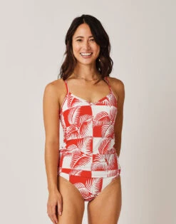 Stinson Tankini: Checkered Palm W. Hot Red
